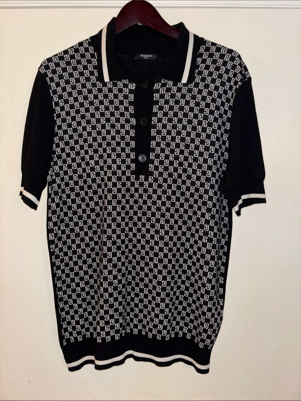 Balmain Black & White Geometric Logo Wool Polo